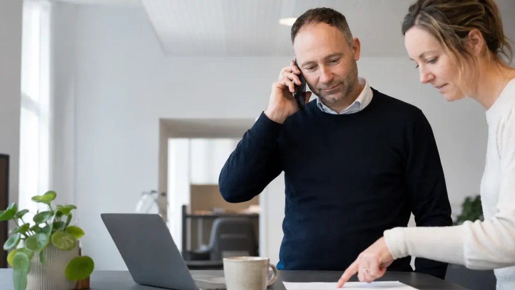 Jesper rådgiver en klient i telefonen, mens Jeanette peger på sagsmaterialet