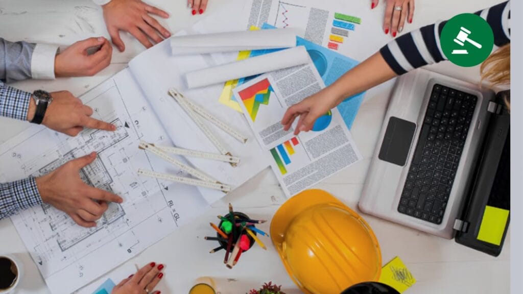 Projektgruppe arbejder med bygningstegninger, computer og sikkerhedshjelm