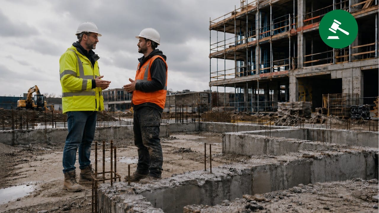 To byggearbejdere taler sammen på en byggeplads