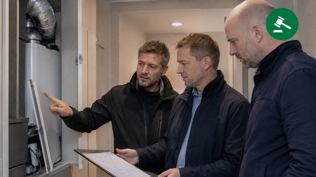 Tre fagfolk gennemgår installationer og bygningstegninger