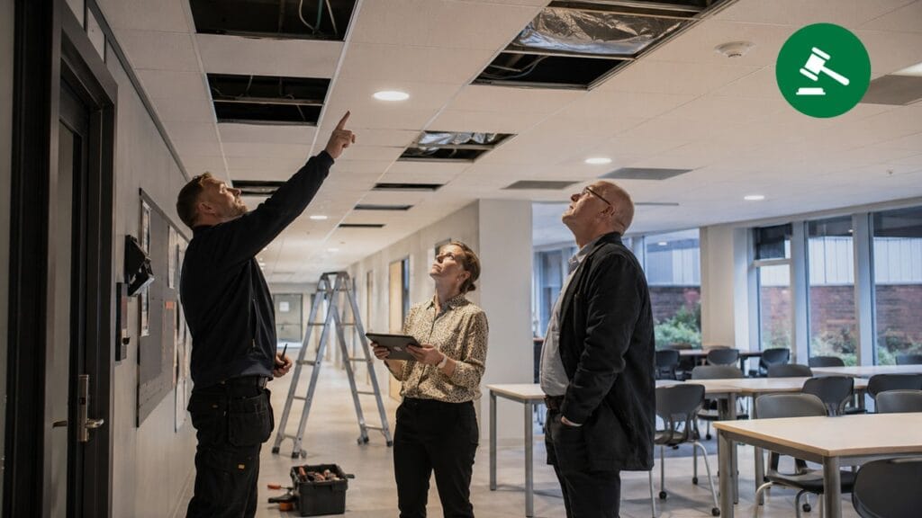 Tre personer besigtiger loftet i en bygning under renovering